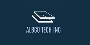 A blue and white logo of albco tech inc.