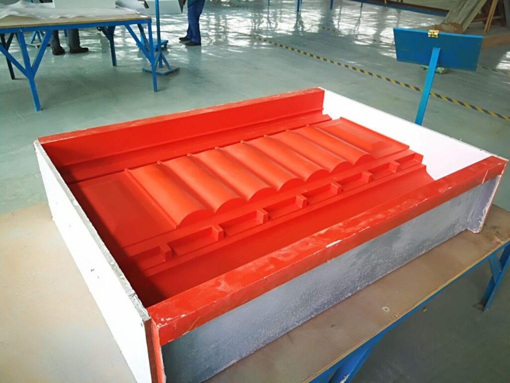 A red plastic tray sitting on top of a table.