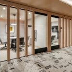 A room with sliding glass doors and a tile floor.