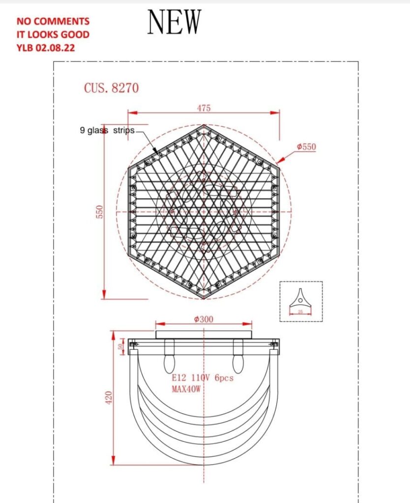 Technical drawing of a hexagonal grid structure with measurements.