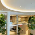 A large lobby with many trees and plants.